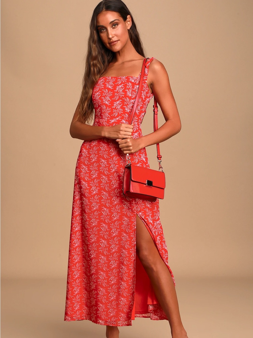 Lulu's Red Floral Square-Neck Maxi Dress with Side Slit